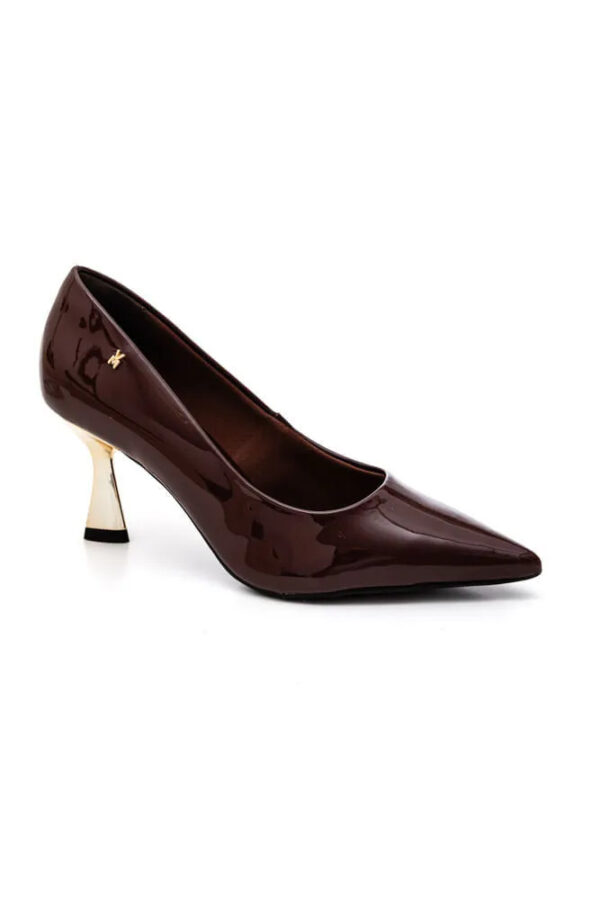 dark brown patent leather pointed toe kitten heel pumps. 3