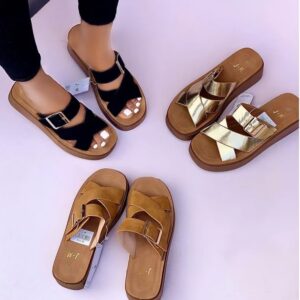 women multi-strap wedge slippers