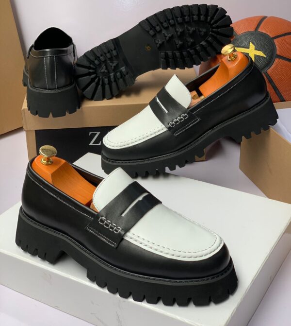 men platform black white loafers