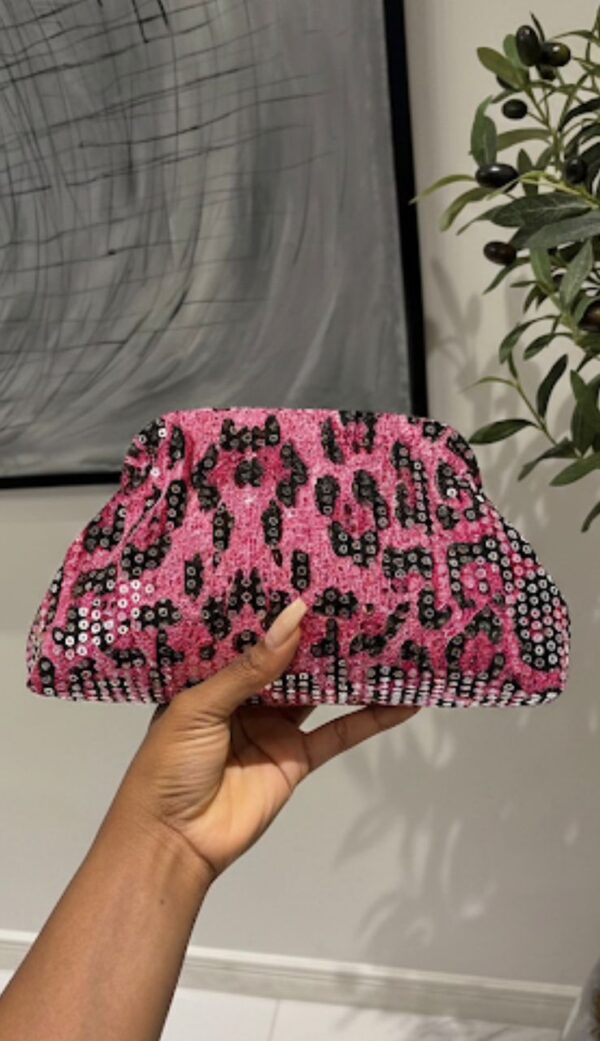 leopard print sequin clutch bag