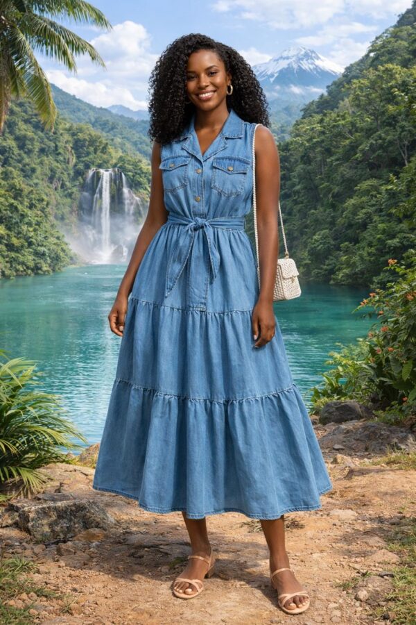 Ladies Sleeveless Tiered Denim Dress ladies sleeveless tiered denim dress