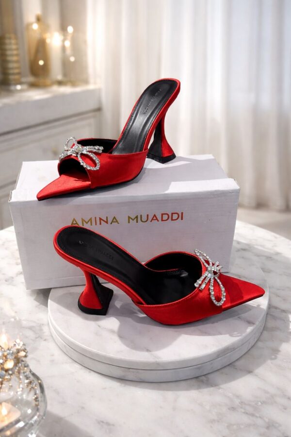 red satin point toe heels