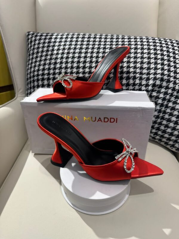red satin point toe heels