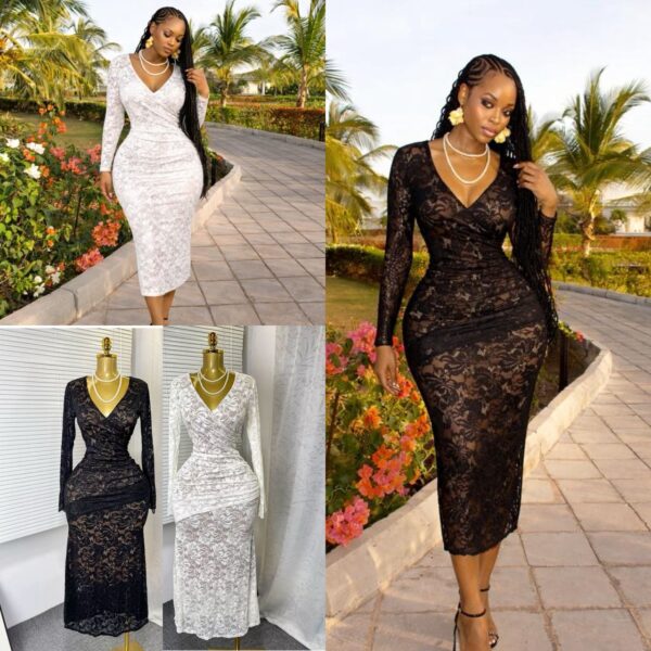 ladies lace v-neck long-sleeved dress