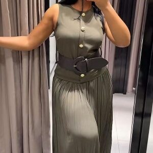 ladies belted pleated dress