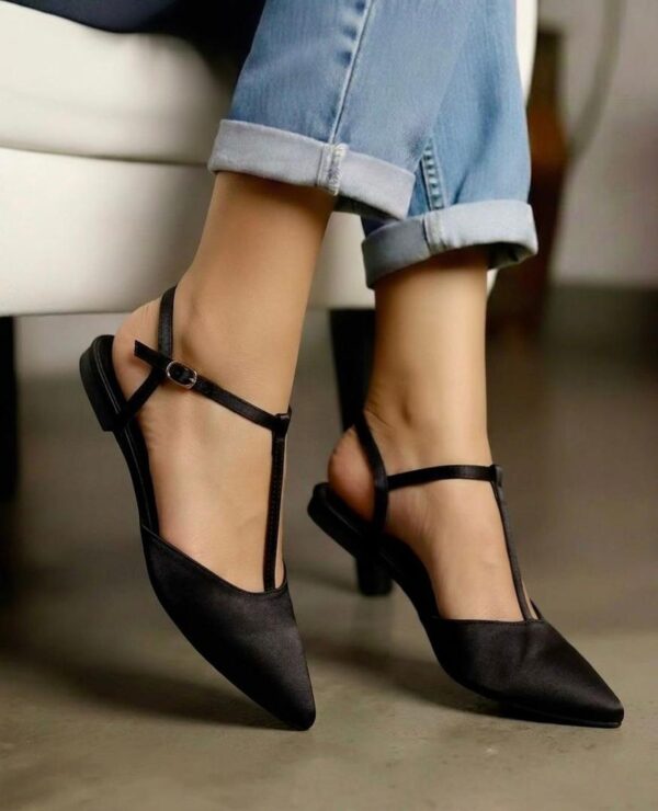 ladies t-strap pointed toe sling-back flat heels