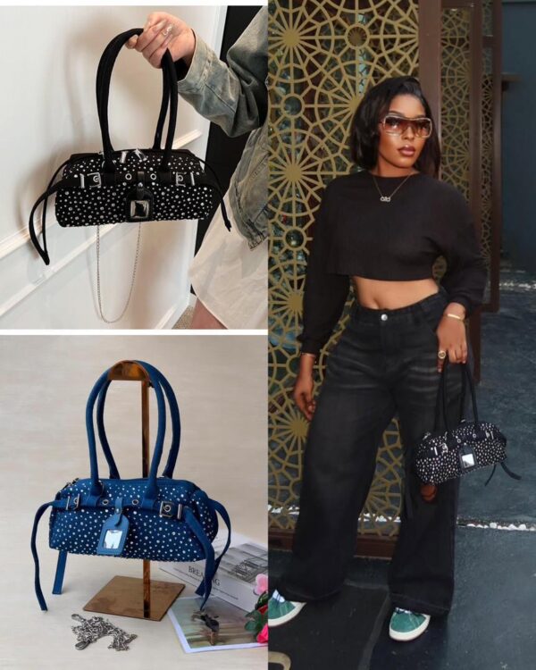 rhinestone-studded denim handbag