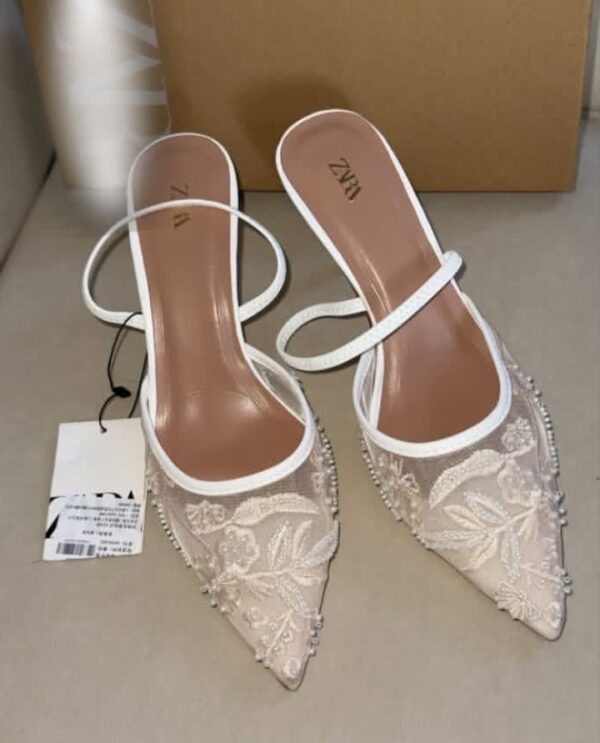 white embroidered mesh slingback heels