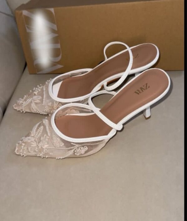 white embroidered mesh slingback heels