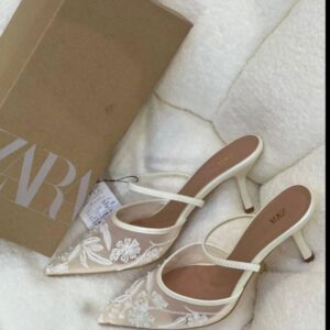 white embroidered mesh slingback heels