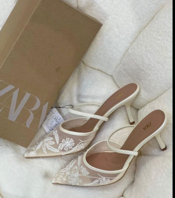 white embroidered mesh slingback heels
