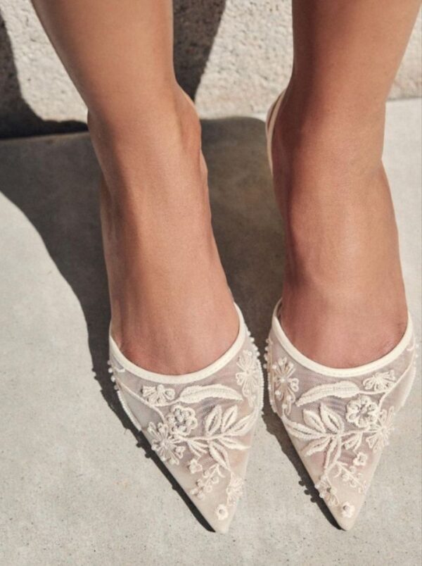 white embroidered mesh slingback heels